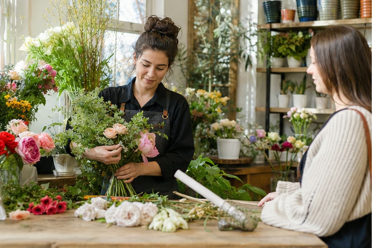 An independent flower shop arranging bouquets for a customer