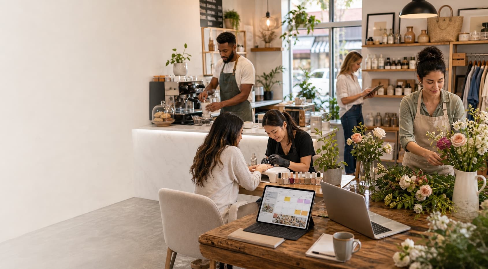 American small business owners and staff planning weekly content in a local shop