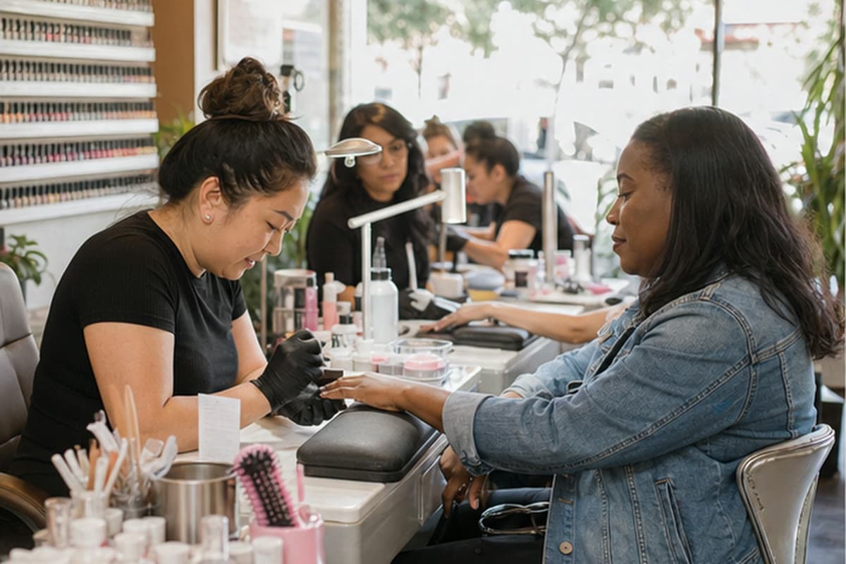 A neighborhood nail salon team working with customers during manicure appointments