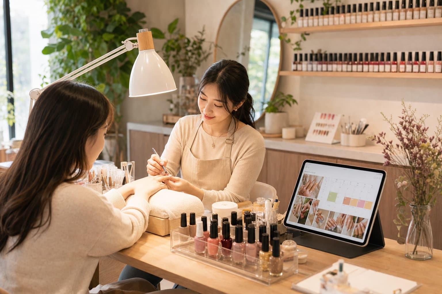 고객 시술을 준비하는 동네 네일샵 운영 장면