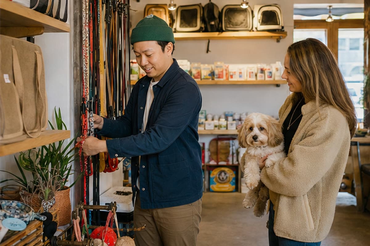 A local pet boutique helping a customer browse shop products